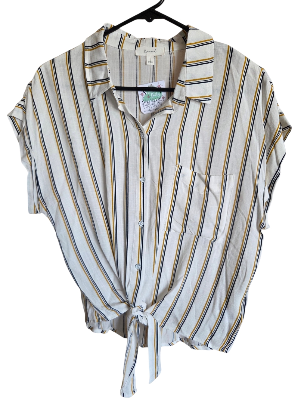 Retro Striped Tie-Hem Short Sleeve Shirt - White/Yellow/Black -